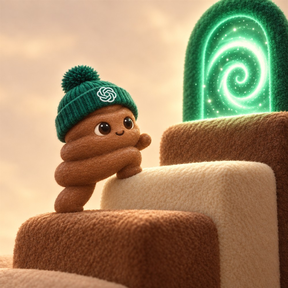 PoopGPT climbing toward a glowing green portal